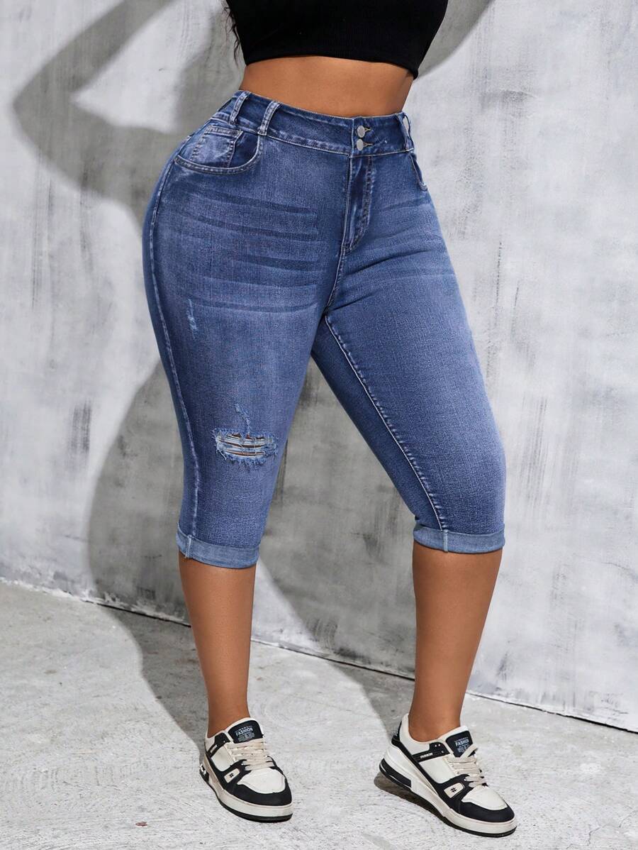 Slaydiva Jeans cortos azules con roturas y elásticos de talla grande, pantalones vaqueros casuales de ciclismo elásticos de talla grande para todo el año, jeans elásticos de talla grande con roturas y sexy de tela vaquera - Azul - Ver 1