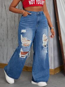 SHEIN SXY Plus Size Women Casual Non-Stretch Distressed Straight Leg Jeans Summer - Blue - View 1