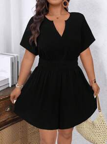 EMERY ROSE 大码女式纯色 V 领短袖腰部褶皱连体裤 - 黑色 - 查看 5