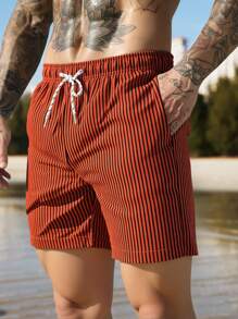 Manfinity Swimmode Men's Striped Drawstring Waist Casual Beach Shorts - Red - View 3