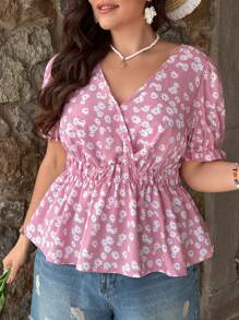 SHEIN VCAY 束腰短袖雏菊印花衬衫，大码春季女装，狂欢节服装，商务休闲女装，波西米亚乡村女装，女士海滩服装，女士海滩服装，波西米亚女装 - 粉色 - 查看 4