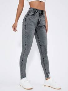 SHEIN Cottnline Quần Jeans Skinny Lưng Cao Có Túi Cho Nữ Thường Ngày Đa Năng - Màu Xám nhạt - Xem 5