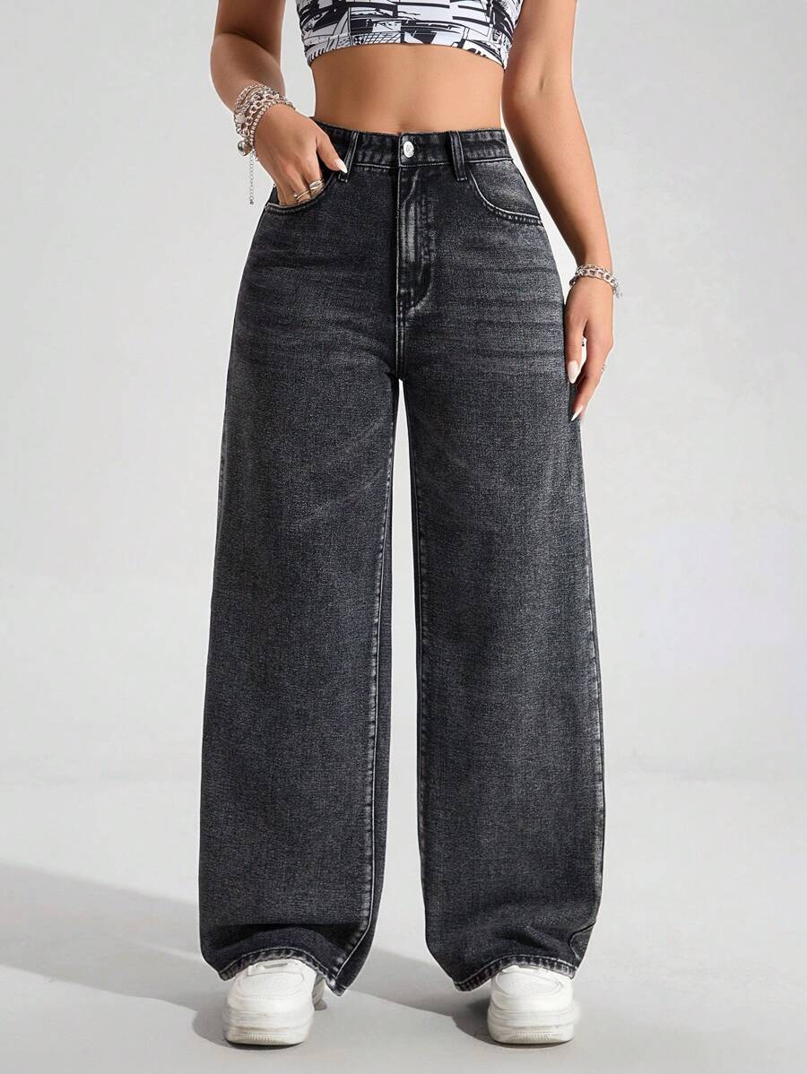 SHEIN EZwear 女式宽松口袋阔腿休闲牛仔裤