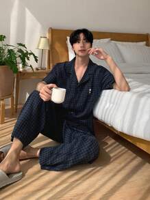 DAZY 男士纯色衬衫 T 恤睡衣套装，夏季 - 藏蓝色 - 查看 2
