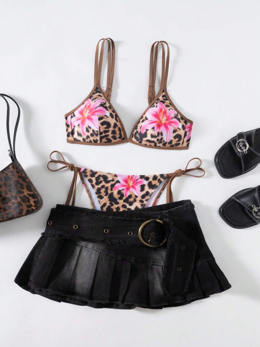 Swim Vcay 1 Set Bikini acolchado de mujer con estampado aleatorio de flor de lirio y estampado de leopardo, traje de baño sexy para playa, versátil para isla, playa, fiesta en la piscina, verano