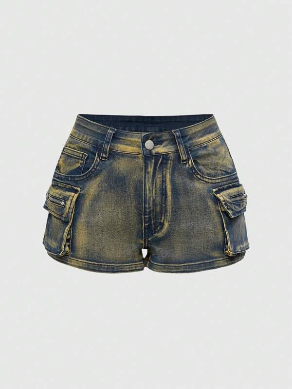 ROMWE Grunge Punk Summer Outfits For Women, Vintage Washed Denim Low-Rise Mini Shorts, Punk Street Style