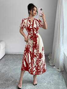 Chiquease V-Neck Casual Printed Vacation-Style Tie-Up Short Sleeve Dress - Red - View 1