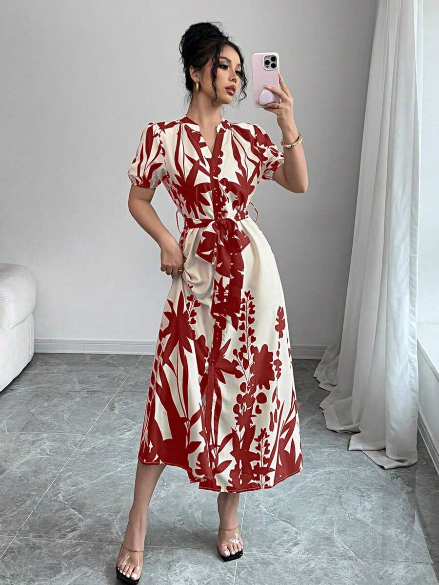 Chiquease V-Neck Casual Printed Vacation-Style Tie-Up Short Sleeve Dress - Red - View 1