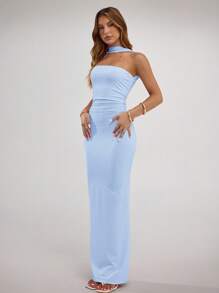 SHEIN BAE Damen einfarbiges plissiertes figurbetontes elegantes Maxi-Trägerkleid - Babyblau - Übersicht 6