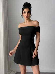 Firerie Festivalfrisch Elegantes Minikleid, Drop-Shoulder, Taillenraffung und Langem Ärmel im A-Linie Stil - Schwarz - Übersicht 5