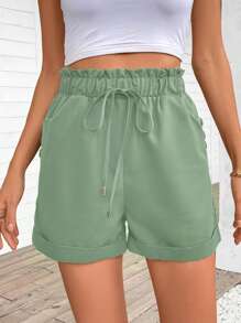 SHEIN LUNE Quần short thường ngày buộc eo màu trơn cho nữ - Màu xanh Bạc hà - Xem 4