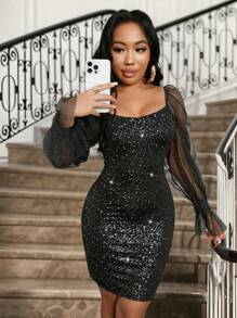 SHEIN Clasi Black Mesh & Sequin Patchwork Fitted Sexy Cocktail Dress, Little Black Dress Fall Cloth For Women