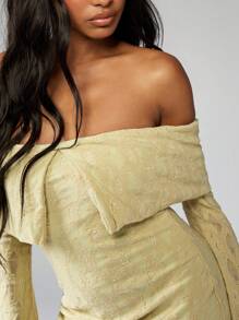 MISSGUIDED Off Shoulder Bardot Mini Dress Lace Textured Elegant Ruched Long Bell Sleeve Party Evening Special Occasion Spring Summer - Yellow - View 5