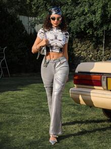 SHEIN ICON Damen Jeans mit Metall Dekor, Utility Taschen und Glockenform Beinen