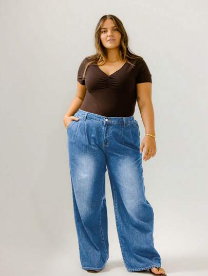 Aralina Curve Vintage Washed High-Waist Pleated Wide Leg Denim Jeans