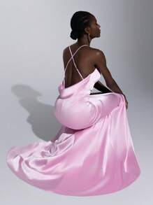 SHEIN Belle 优雅粉色手工 3D 花朵垂领交叉后背缎面正式伴娘礼服，适合婚礼、酒会、舞会、毕业典礼、宴会、伴娘礼服 - 粉色 - 查看 7