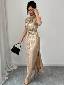 Elenzga Đầm dệt kim dài hở vai không tay cổ yếm trang trí lá kim cho nữ, mùa hè - Vàng - Xem 3