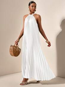 Zivah 春夏休闲度假轻度假日常约会挂脖无袖褶皱A字下摆宽松长裙墨绿色女长裙-A - 白色 - 查看 7