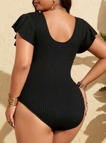 SHEIN Swim Curve Plus Size Women V-Neck Black Drawstring Ruffle Sleeve Wide Ribbed Textured One-Piece Swimsuit, Fashionable Casual Resort Wear - Black - View 2