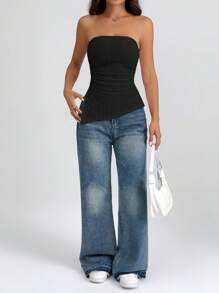 SHEIN PETITE Women's Black Strapless Textured Tube Top With Ruched Detail And Asymmetrical Hem - Black - View 7