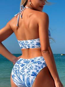 Swim Vcay Women's Floral Print Halter Neck Bikini Set For Beach Vacation