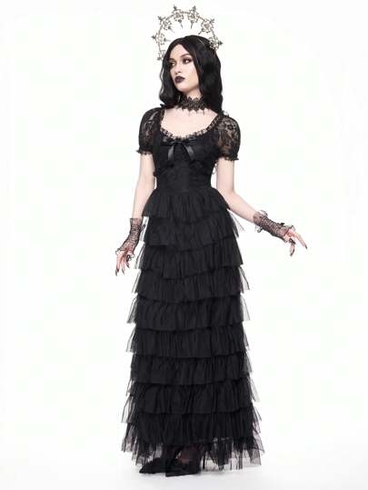 Goth Long Black Lace Sheer Dress For Women