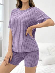 DUSKBASE Women Solid Color Ribbed Loose Fit Round Neck Crop Top & Shorts Sleeve Pajama Set Outfit - Purple - View 5