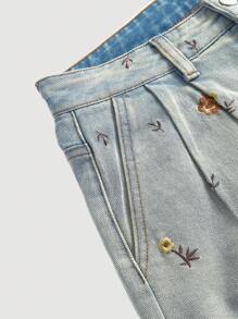 SHEIN MOD Pantaloncini di jeans larghi, casual, con ricamo floreale a pois, in stile allentato con pieghe