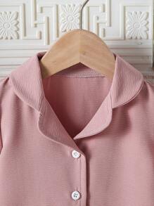 2 件套女宝宝可爱粉色纯色翻领荷叶边短袖上衣和裤子休闲家居服套装春夏季 - 藕粉色 - 查看 5