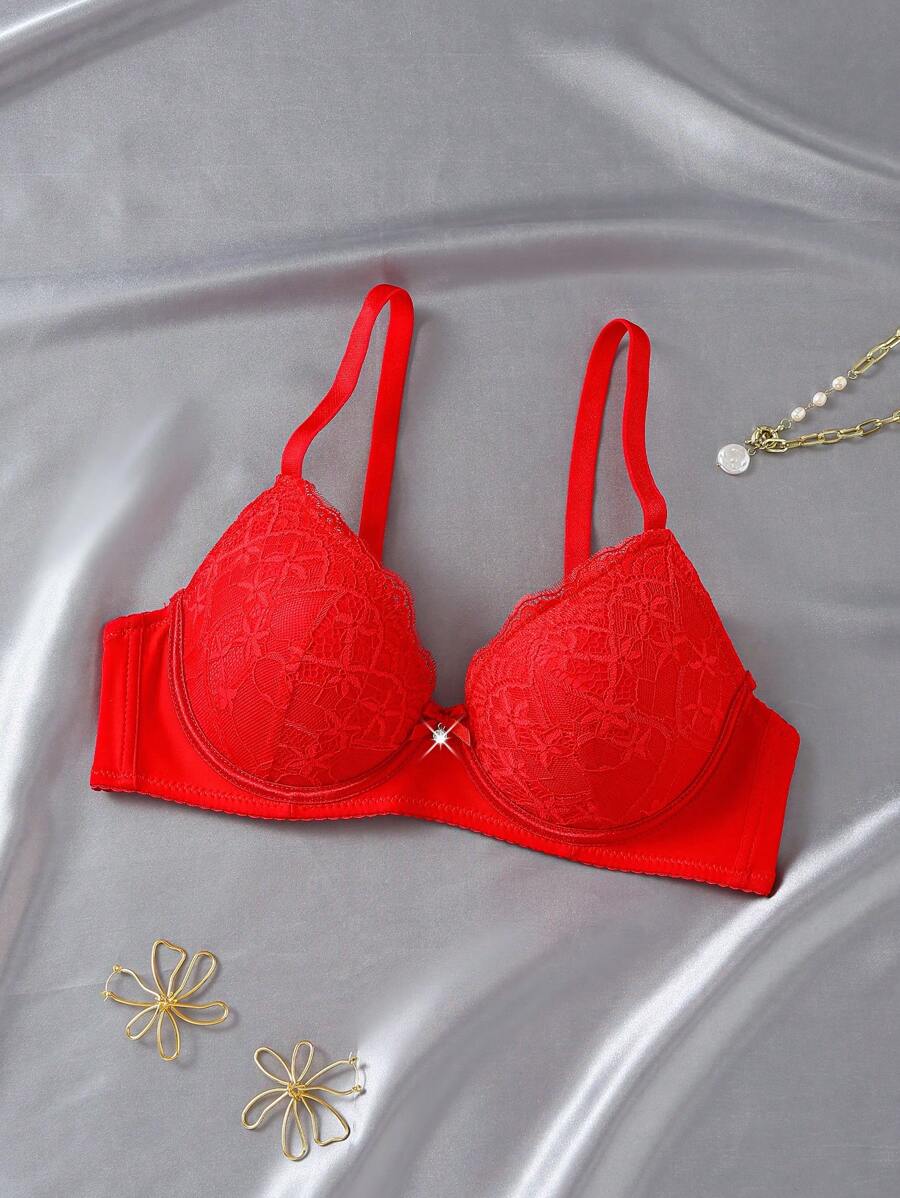 1pc Sexy Lace Minimalist Lift & Support Wireless Lingerie Bra For Women - Red - View 1