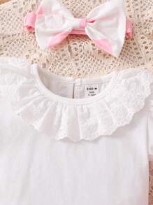 3pcs/Set Toddler Girls White Embroidered Collar Short Sleeve Top, Heart Print Overall Jumpsuit, And Headband, Summer Outfit - Pink - View 6