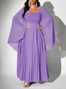 Viva Relle 大码女式优雅浪漫褶皱雪纺长袖连衣裙 - 淡紫色 - 查看 5