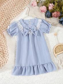 Toddler Girl Cute & Elegant Blue Lace Shoulder Trim Bow Front Puff Sleeve Over The Knee Nightgown Loungewear - Blue - View 3
