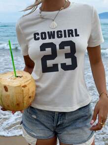 Muchica 休闲圆领短袖字母和数字印花修身女式 T 恤，适合夏季，波西米亚风格 - 白色 - 查看 4