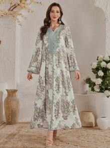 Al Najma 印度尼西亚/中东风格宽松印花长袍/阿巴雅，适合迪拜、土耳其，朴素的卡夫坦长袍 - 綠色 - 查看 3