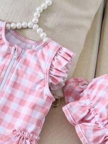 Newborn Baby Pink Plaid Random Print Swimsuit & Swim Cap Set - Baby Pink - View 6