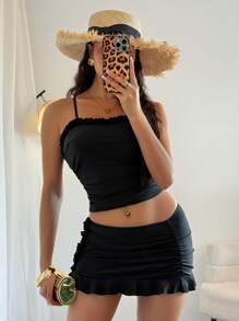 SHEIN Women 3pcs Ruffled Strap Rivet Decor Tankini Bathing Suit, Black For Summer Beach Vacation - Black - View 5