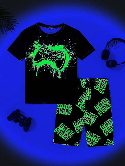 SHEIN Leap Crew Tween Boy Gaming Controller Print Snug Fit Round Neck Short Sleeve Shorts 2 Pieces Pajama Set