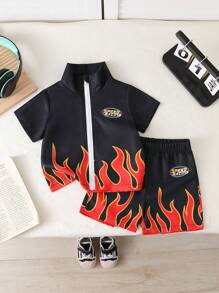 2pcs Baby Boys Summer Casual Cool Flame Print Short Sleeve Zip-Up Jacket And Flame Print Shorts Set, Olive Green, Suitable For Daily Wear, Outdoor Play, School, Vacation - Elegant Style, Fits For Family Leisure, Sports And Party Outfits