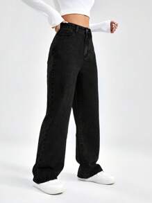 EURMUSE 100%Cotton High Waist Wide Leg Jeans - Black - View 5