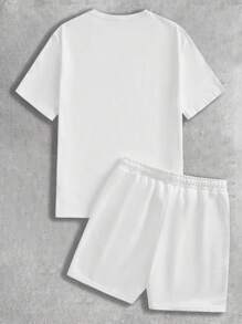 Manfinity Homme Men's 2pcs Letter Print T-Shirt And Shorts Set, Casual Summer, Cozy Outfits - White - View 3
