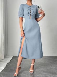 SHEIN Unity Vestido elegante francés para mujer color borgoña con mangas abullonadas y cintura atada - Celeste - Ver 1