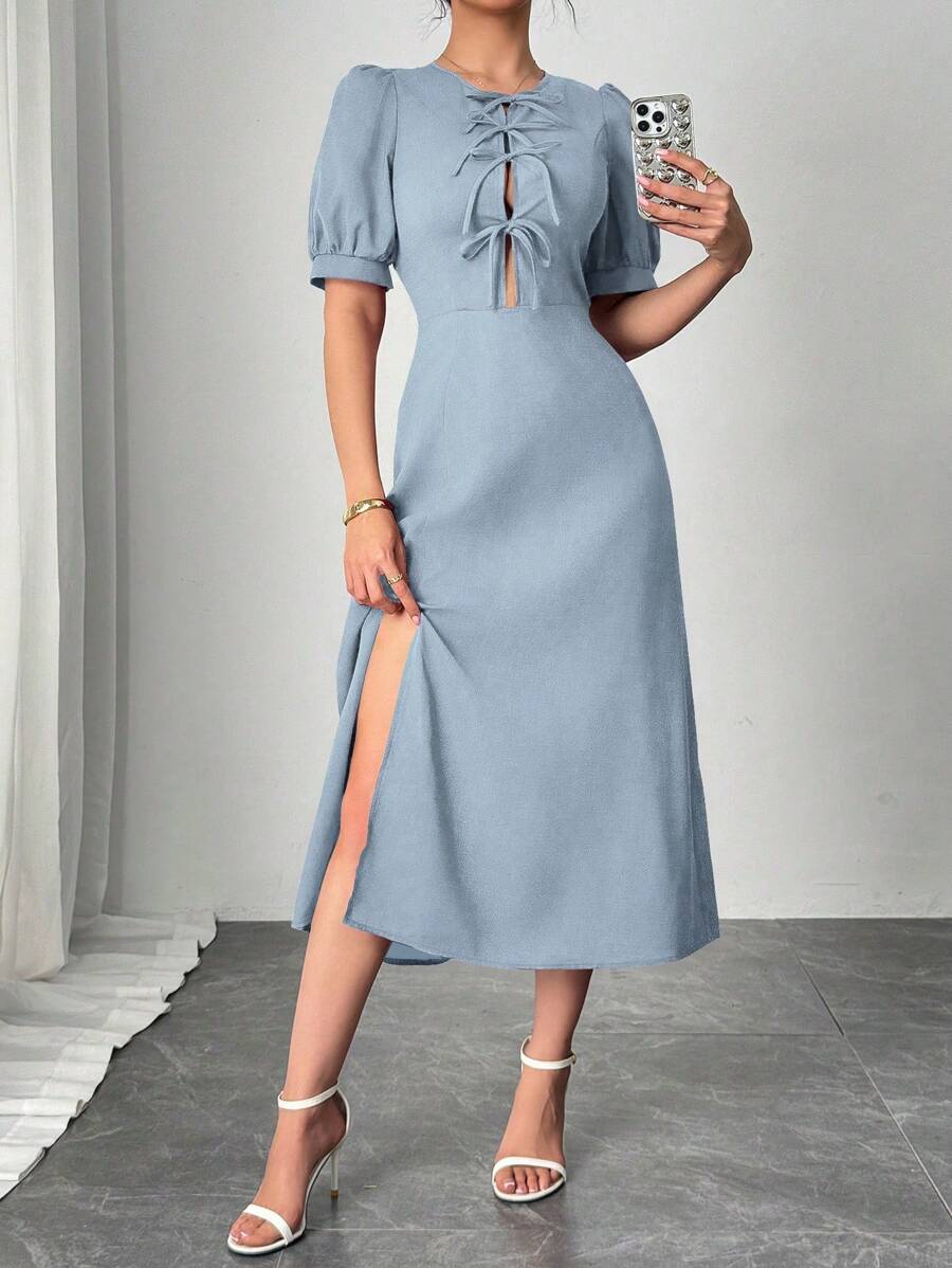 SHEIN Unity Vestido elegante francés para mujer color borgoña con mangas abullonadas y cintura atada - Celeste - Ver 1