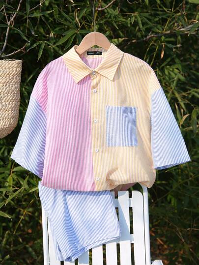 Manfinity VCAY 2 件套男女休闲梭织条纹拼布宽松落肩短袖粉色黄色蓝色衬衫和高腰直筒短裤套装，适合日常穿着