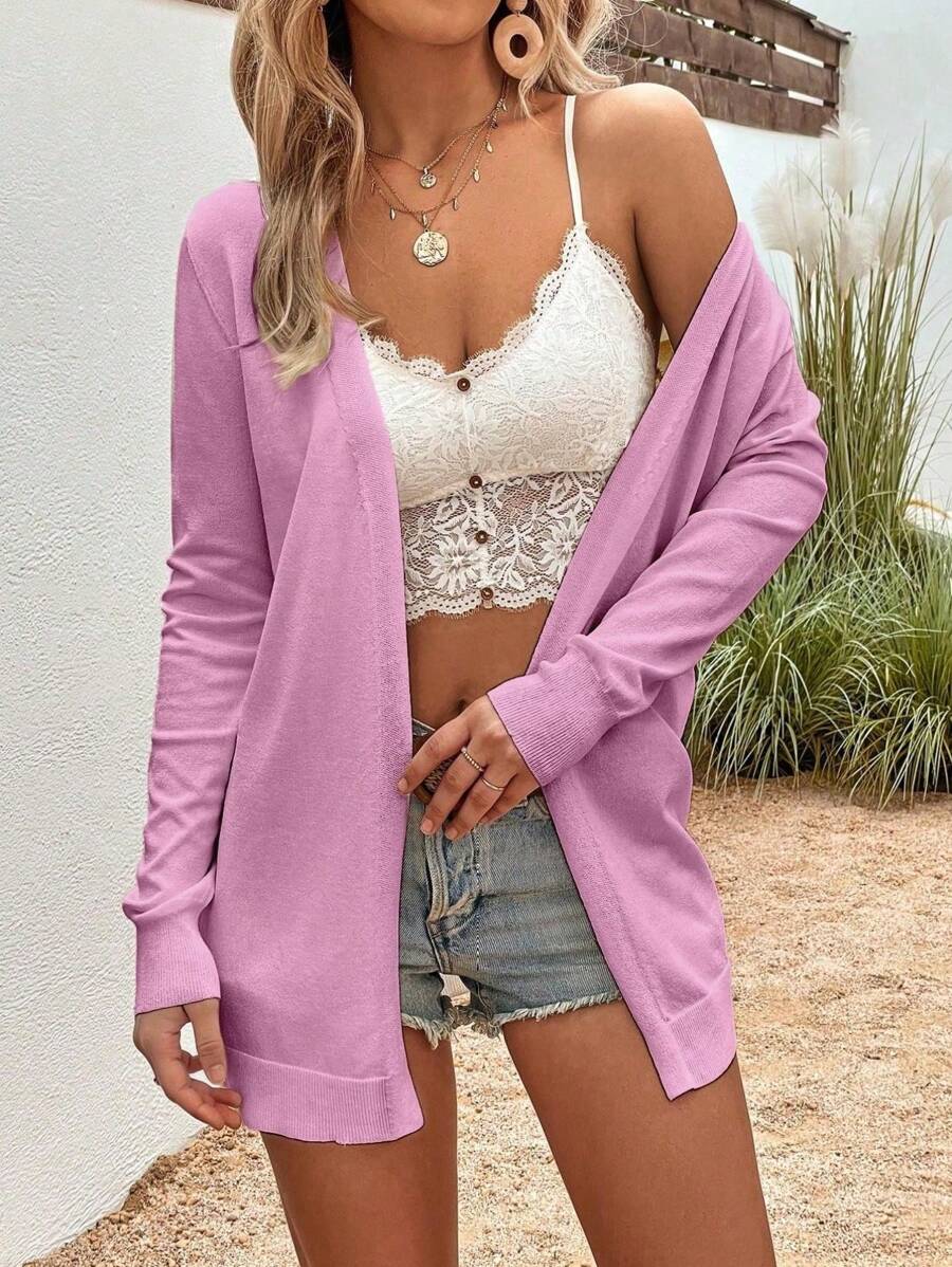 EMERY ROSE Casual Minimalist Solid Color Long Sleeve Cardigan, Suitable For Vacation Fall Winter Cloth For Women - Coral Pink - View 1