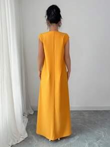 Rafferiza Gaun Wanita Model Western Longgar Lurus dengan Motif Bordir dan Rumbai, Kerah V, Cocok untuk Liburan - Kuning - View 4