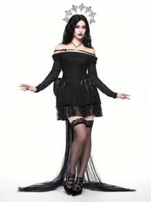 ROMWE Goth Off Shoulder Sexy Contrast Kant Zijkant Vetersluiting Super Korte Jurk