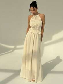 Aloruh 2 件杏色纹理面料女式无袖短款上衣 + 长款褶皱裙套装，性感露背低腰装，春夏