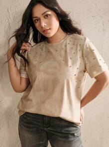 Anewsta 大码女式优雅休闲复古水洗短款 T 恤，夏季 - 杏色 - 查看 4