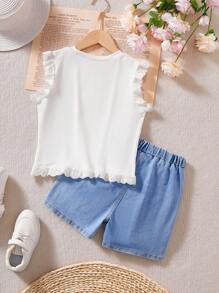 2pcs/Set Tween Girl Bowknot Top With Ruffle Detail & Denim Shorts With Ruffle Trim - Multicolor - View 2